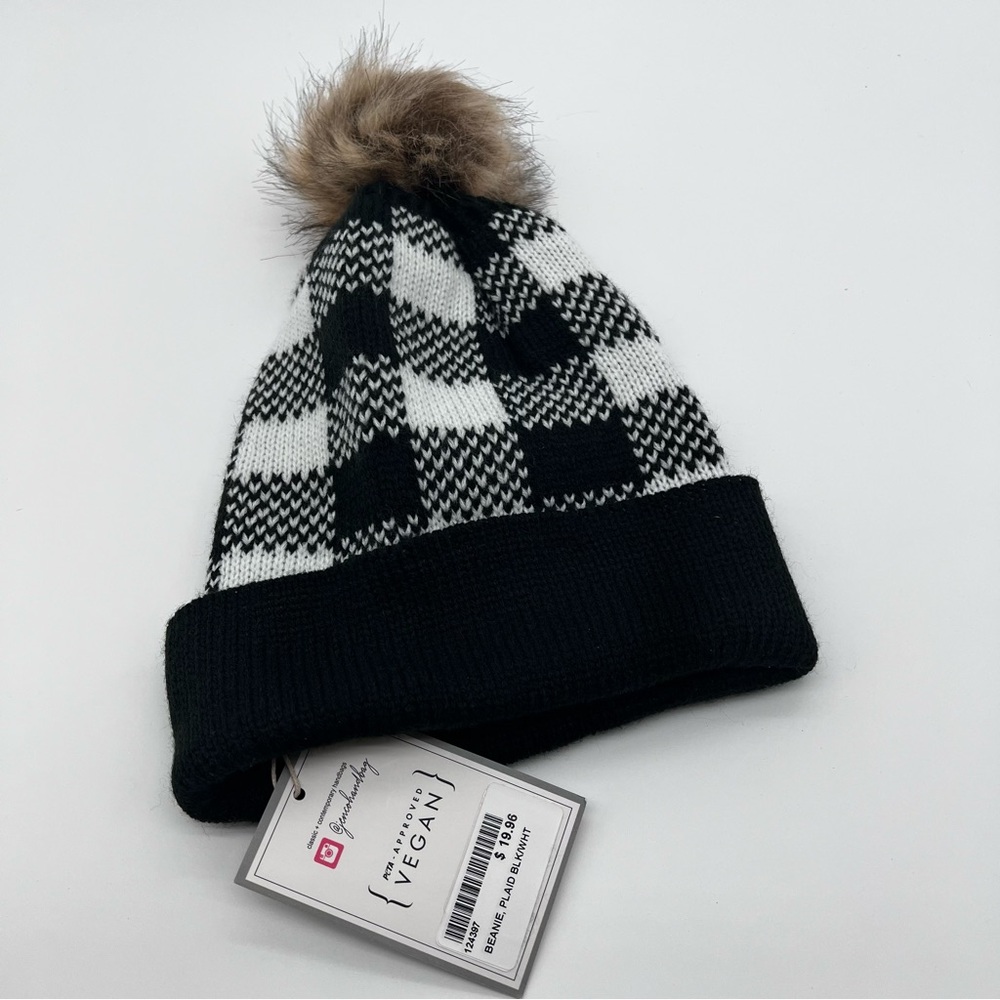 JEN & CO Vegan Black and White Checkered Women's Beanie with Pom Pom | NWT